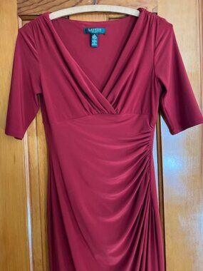 Lauren Ralph Lauren  Faux Wrap Coral Ruched 3/4 Sleeve Stretch Dress Woman's 2
